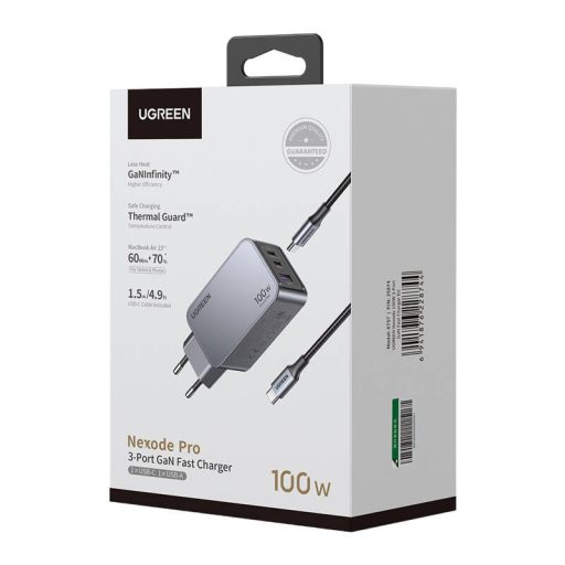 UGREEN Nexode Pro fali töltő, 100W, GaN, USB + 2x USB-C (szürke)