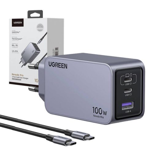 UGREEN Nexode Pro fali töltő, 100W, GaN, USB + 2x USB-C (szürke)