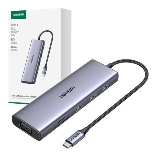 UGREEN CM498 hub, USB-C, 3x USB 3.0, HDMI 4k 30Hz, VGA, RJ45, SD/TF, PD 100W (szürke)