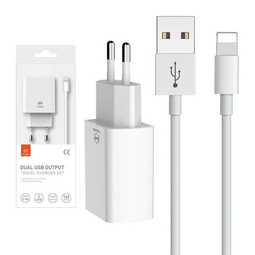 Kettős USB töltő Mcdodo CH-6720 (EU) Lightning 1m utazási szett (fehér)