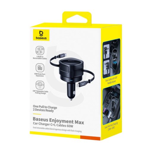 Baseus Enjoyment Max autós töltő USB-C + villámkábelekkel 60W Fekete
