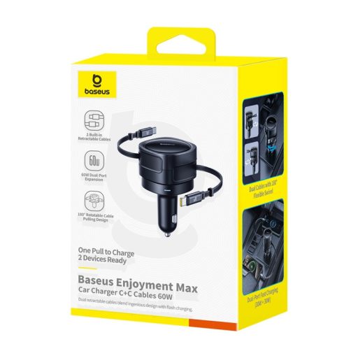 Baseus Enjoyment Max autós töltő USB-C+USB-C kábelekkel 60W Fekete