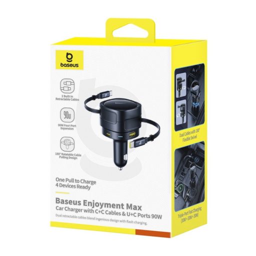 Baseus Enjoyment Max autós töltő USB-C+USB-C kábelekkel és USB-A+USB-C portokkal 90W Fekete