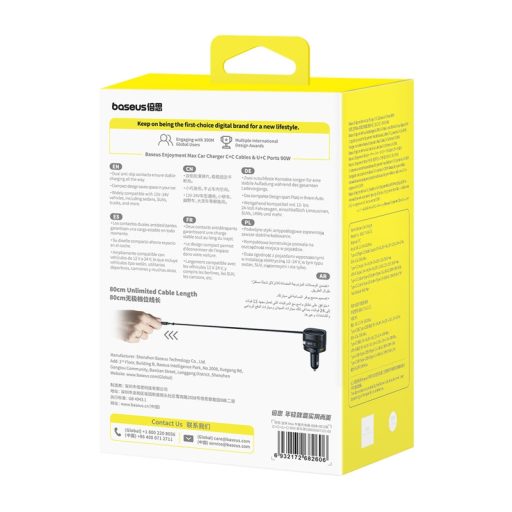 Baseus Enjoyment Max autós töltő USB-C+USB-C kábelekkel és USB-A+USB-C portokkal 90W Fekete