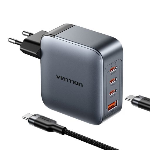 Vention hálózati töltő 3x USB-C, 1x USB-A, (100W/100W/30W/30W/30W) (szürke) USB-C-USB-C kábellel (1m) (fekete)
