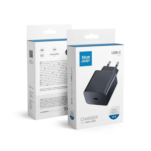Blue Star hálózati töltő adapter USB C 3A 20W PD QC 4.0 fekete 