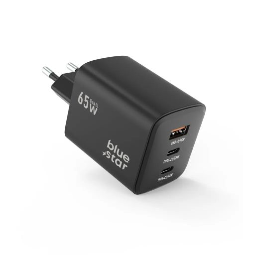 BLUE STAR utazó töltő GaN 4A 65W 2 x Type C + USB A PD QC4.0 VT-43 fekete